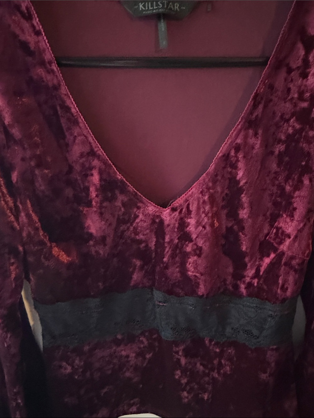 Killstar Burgundy Crushed Velvet V-Neck Long Sleeve Top - Picture 2 of 4